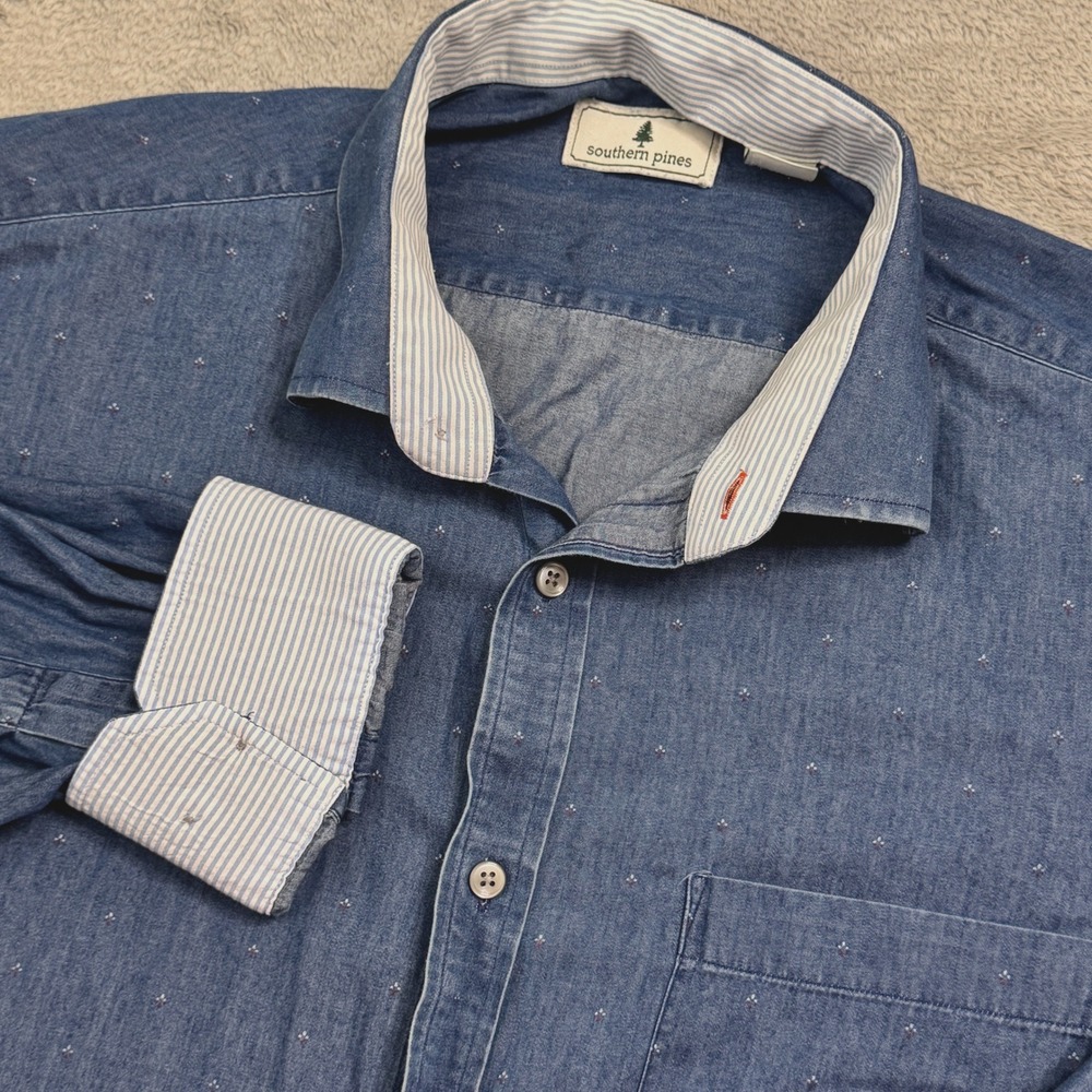 Southern Pines Men's Button Front Long Sleeve Shirt Size XXL Blue Flip‎ Cuffs